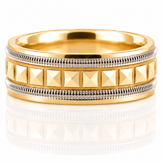18k Two Tone Geometric Pyramid Pattern Milgrain Detail Mens Band