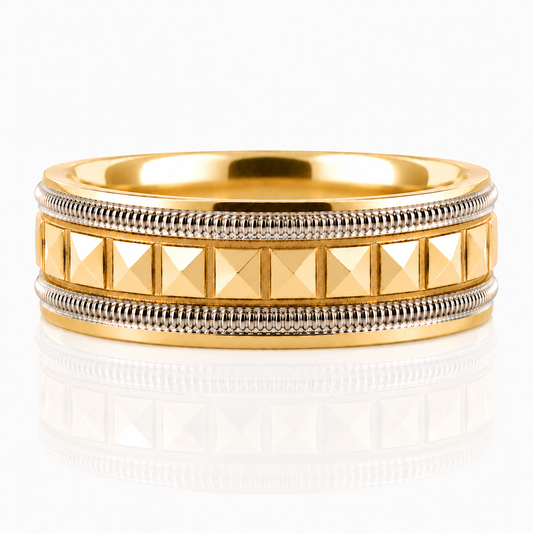 18k Two Tone Geometric Pyramid Pattern Milgrain Detail Mens Band