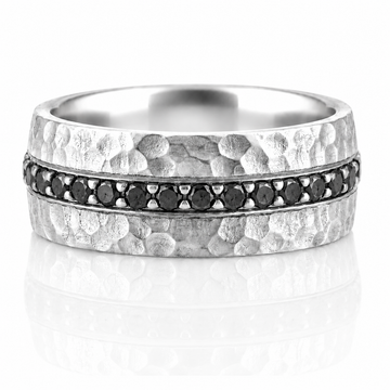 14k White Gold Hammer Texture Black Diamond Mens Band