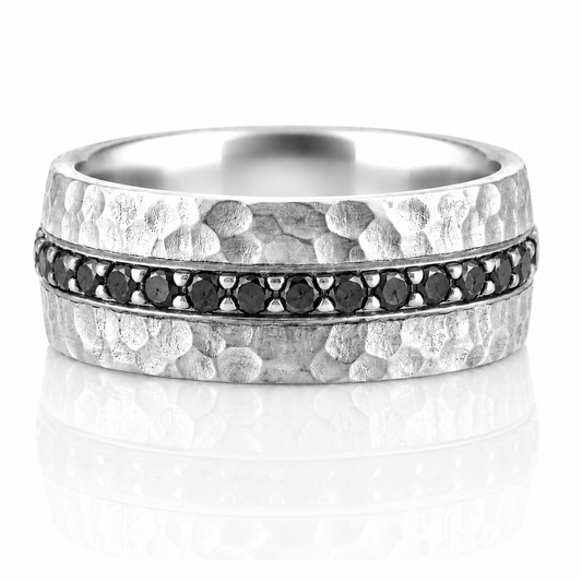 14k White Gold Hammer Texture Black Diamond Mens Band