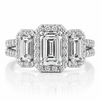 14k White Gold 2.50ctw Three Stone Lab Grown Emerald Diamond Halo Engagement Ring