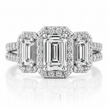 14k White Gold 2.50ctw Three Stone Lab Grown Emerald Diamond Halo Engagement Ring