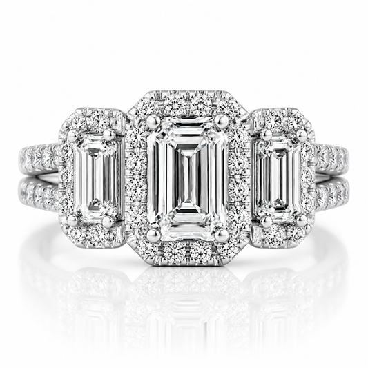 14k White Gold 2.50ctw Three Stone Lab Grown Emerald Diamond Halo Engagement Ring