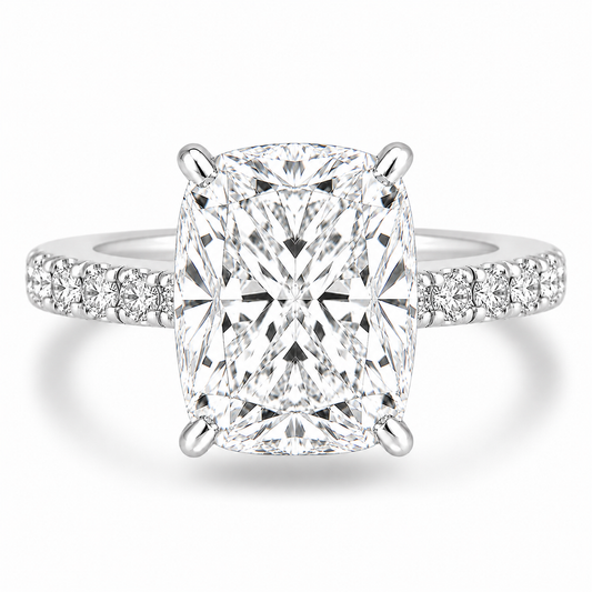 14k White Gold 4.00ct Lab Grown Elongated Cushion Diamond Band Engagement Ring