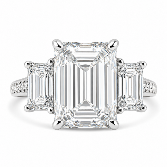 14k White Gold 5.50ctw Three Stone Lab Grown Emerald Diamond Engagement Ring