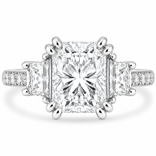 18k White Gold 4.00ctw Three Stone Lab Grown Elongated Radiant & Trapezoid Diamond Band Engagement Ring