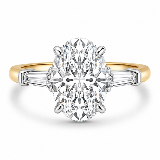 14k Yellow Gold 3.50ctw Three Stone Lab Grown Oval & Tapered Baguette Diamond Engagement Ring