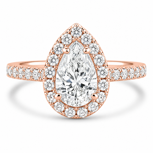 14k Rose Gold 1.10ct Lab Grown Pear Diamond Halo Engagement Ring