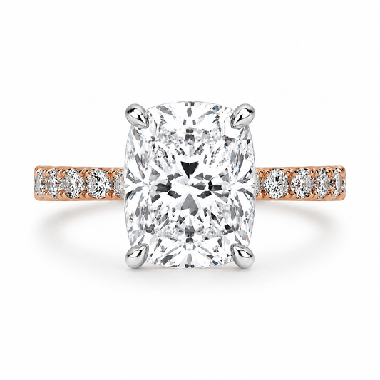 14k Rose Gold 2.00ct Lab Grown Elongated Cushion Diamond Band Engagement Ring