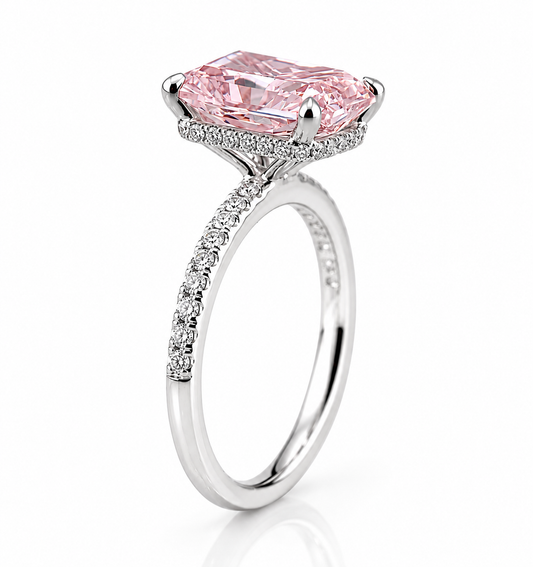 18k White Gold 4.00ct Lab Grown Elongated Pink Radiant Diamond Band Invisible Halo Engagement Ring