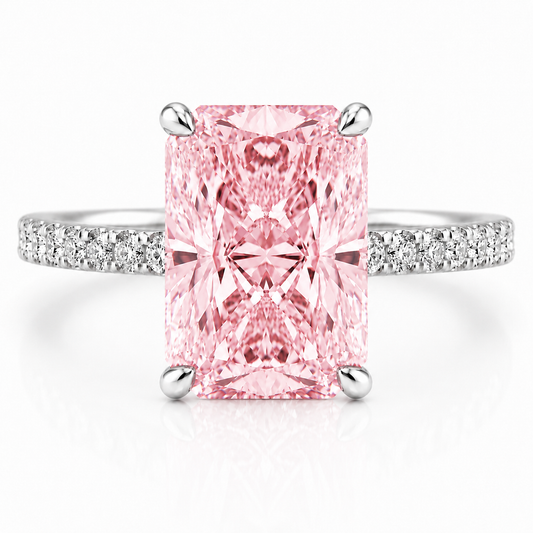 18k White Gold 4.00ct Lab Grown Elongated Pink Radiant Diamond Band Invisible Halo Engagement Ring