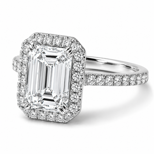 14k White Gold 4.00ct Lab Grown Emerald Diamond Halo Engagement Ring