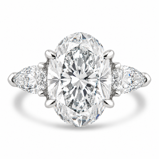 14k White Gold 4.50ctw Three Stone Lab Grown Oval & Pear Diamond Engagement Ring