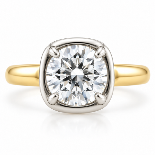 14k Yellow Gold & Platinum Two Tone 2.00ct Lab Grown Round Diamond Cushion Bezel Solitaire Engagement Ring