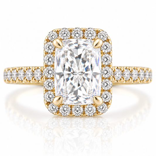 14k Yellow Gold 2.10ct Lab Grown Elongated Cushion Diamond Halo Engagement Ring