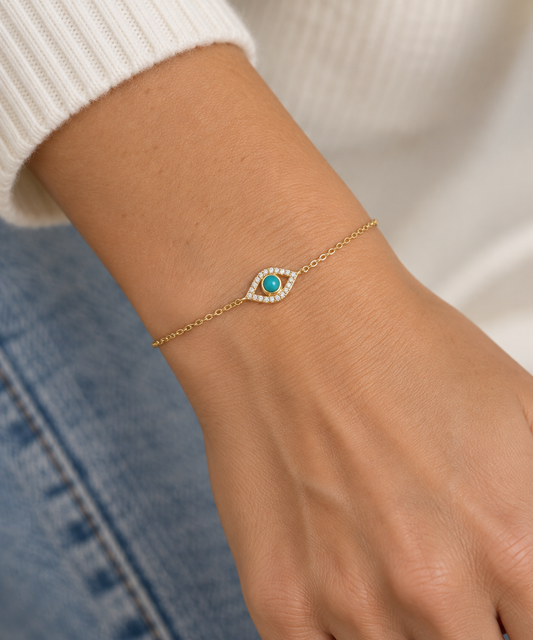 14k Yellow Gold Turquoise Evil Eye Diamond Bracelet .25ctw