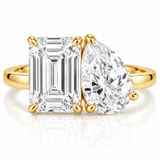 14k Yellow Gold 5.50ctw Lab Grown Emerald & Pear Diamond Toi Et Moi Engagement Ring