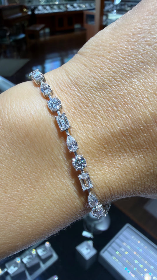 14k White Gold Lab Grown Multi Shape Emerald & Oval & Round Diamond Tennis Bracelet 7.00ctw