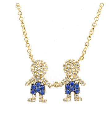 14k Yellow Gold Boy & Boy Kids Sapphire Diamond Necklace .30ctw