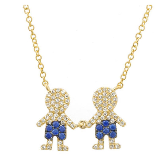 14k Yellow Gold Boy & Boy Kids Silhouette Sapphire Diamond Necklace .30ctw