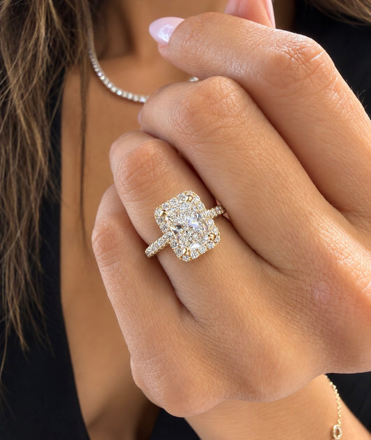 14k Yellow Gold 2.10ct Lab Grown Elongated Cushion Diamond Halo Engagement Ring