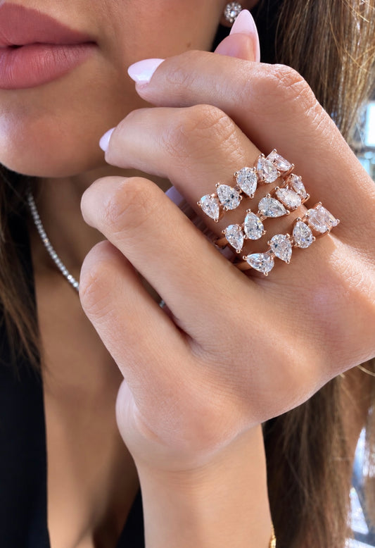14k Rose Gold Alternating Lab Grown Pear Diamond Three Row Wrap Ring 3.50ctw