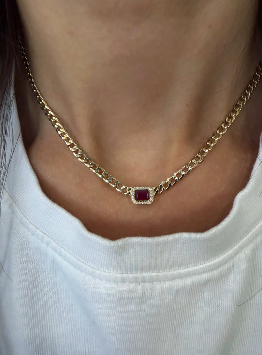 14k Yellow Gold Ruby Diamond Halo Cuban Link Choker Necklace .80ctw