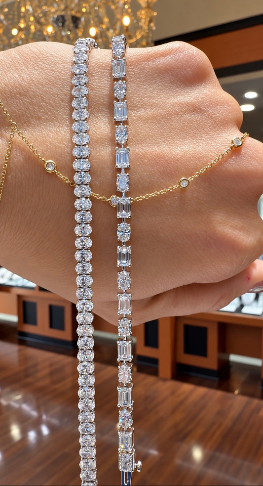 14k White Gold Lab Grown Multi Shape Emerald & Oval Diamond Tennis Bracelet 9.00ctw