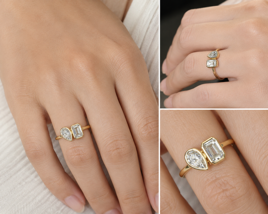 14k Yellow Gold 1.50ctw Lab Grown Diamond Toi Et Moi Emerald & Pear Bezel Ring