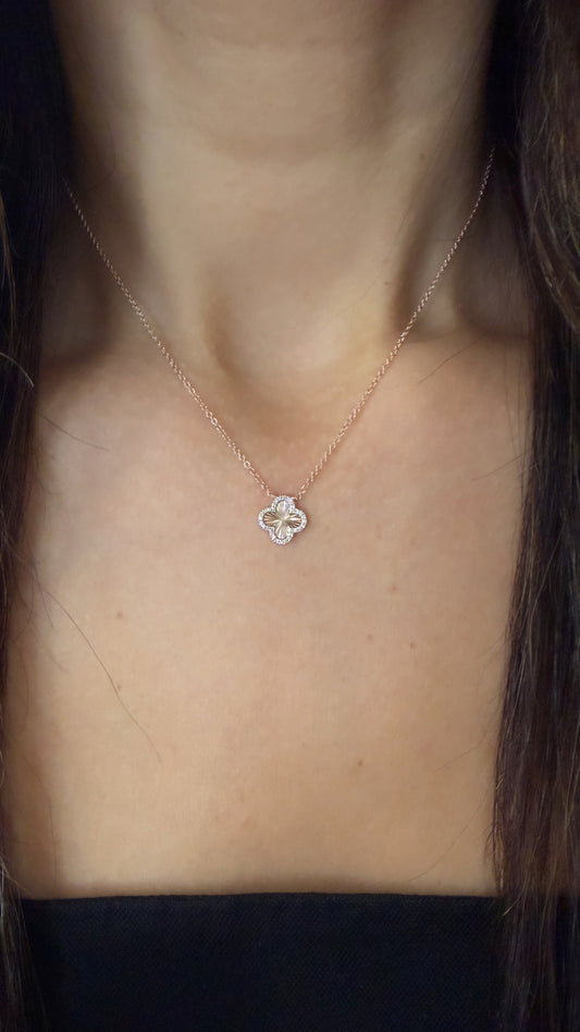 14k Rose Gold Fluted Clover Diamond Necklace