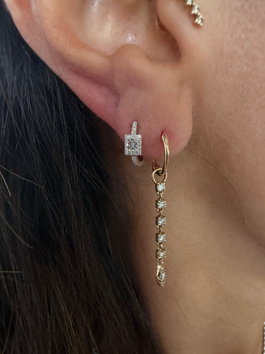 14k White Gold 11mm Baguette Halo Diamond Huggie Earrings .20ctw