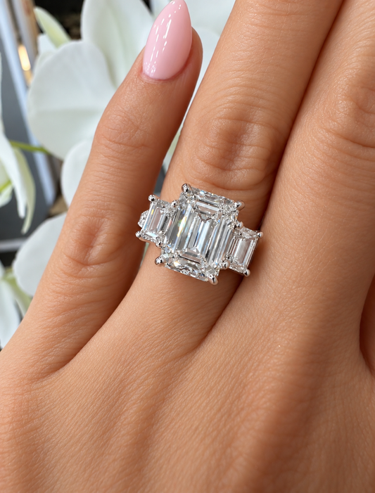 14k White Gold 5.50ctw Three Stone Lab Grown Emerald Diamond Split Shank Engagement Ring