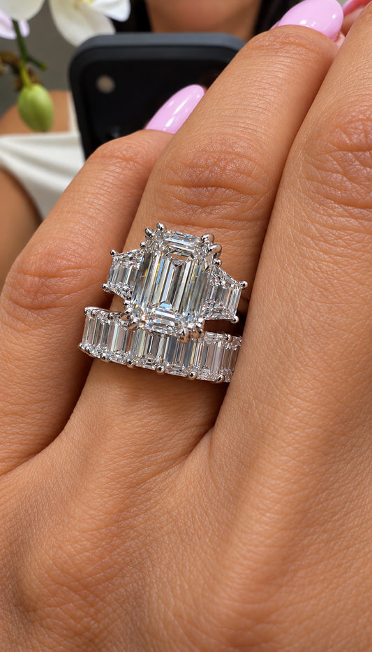 14k White Gold 3.70ctw Three Stone Lab Grown Emerald & Trapezoid Diamond Engagement Ring