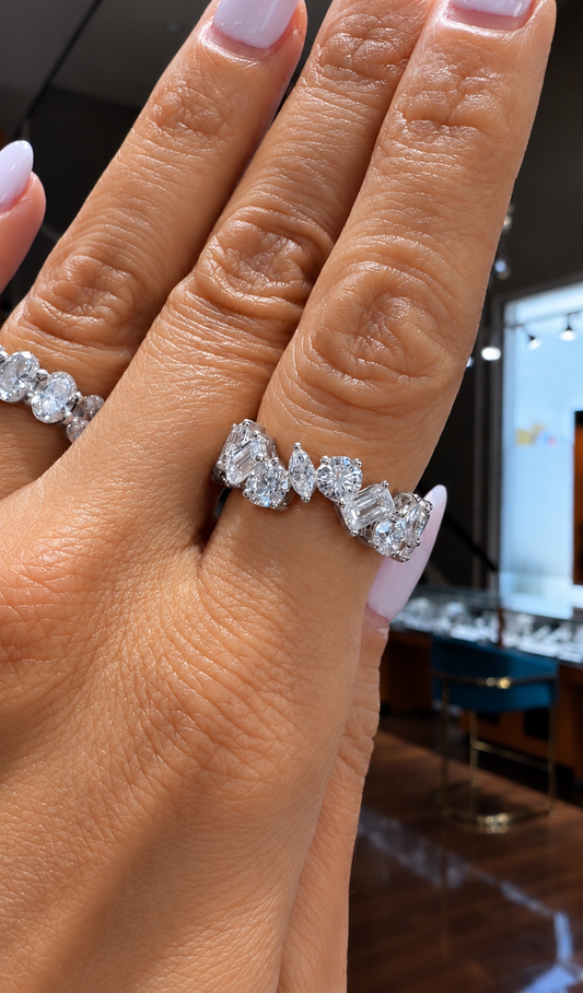 14k White Gold Lab Grown Multi Shape Asymmetrical Swirl Diamond Eternity Band 5.50ctw
