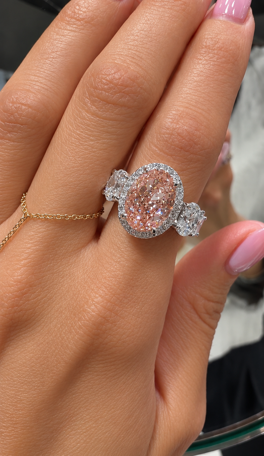 14k White Gold 4.00ct Lab Grown Oval Pink Diamond Halo Engagement Ring