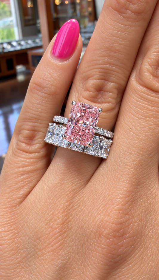 18k White Gold 4.00ct Lab Grown Elongated Pink Radiant Diamond Band Hidden Halo Engagement Ring