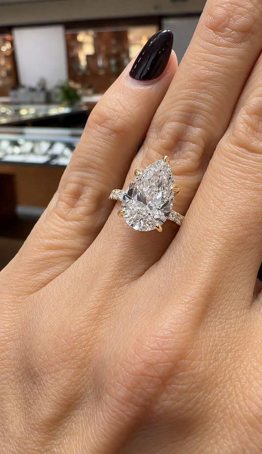 14k Yellow Gold 4.00ct Lab Grown Pear Diamond Hidden Halo Engagement Ring