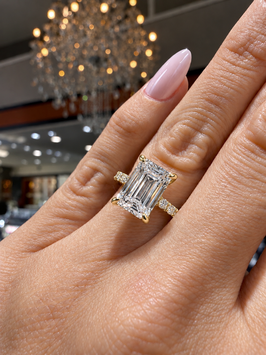 14k Yellow Gold 3.20ct Lab Grown Emerald Diamond Band Engagement Ring