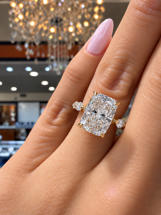 14k Yellow Gold 3.85ct Lab Grown Elongated Cushion Hidden Halo Diamond Band Engagement Ring