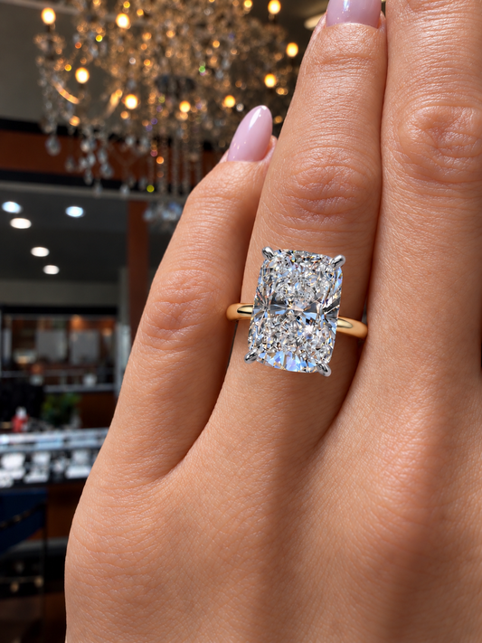 14k Yellow & White Gold Two Tone 6.00ct Lab Grown Elongated Cushion Diamond Solitaire Engagement Ring
