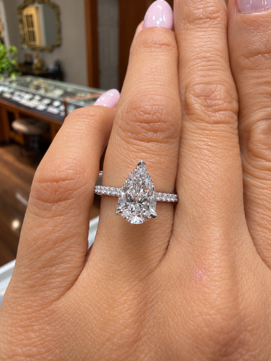 14k White Gold 1.80ct Lab Grown Pear Diamond Hidden Halo Diamond Band Engagement Ring