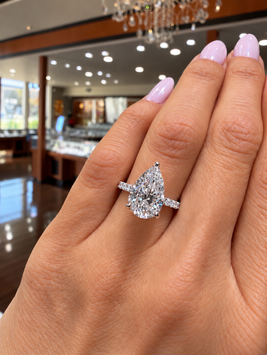 14k White Gold 2.50ct Lab Grown Pear Diamond Band Engagement Ring