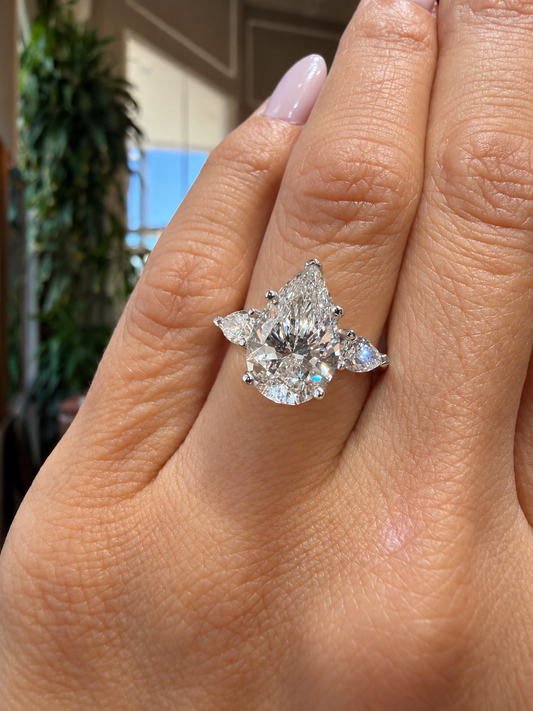 18k White Gold 4.30ctw Three Stone Lab Grown Pear Diamond Engagement Ring