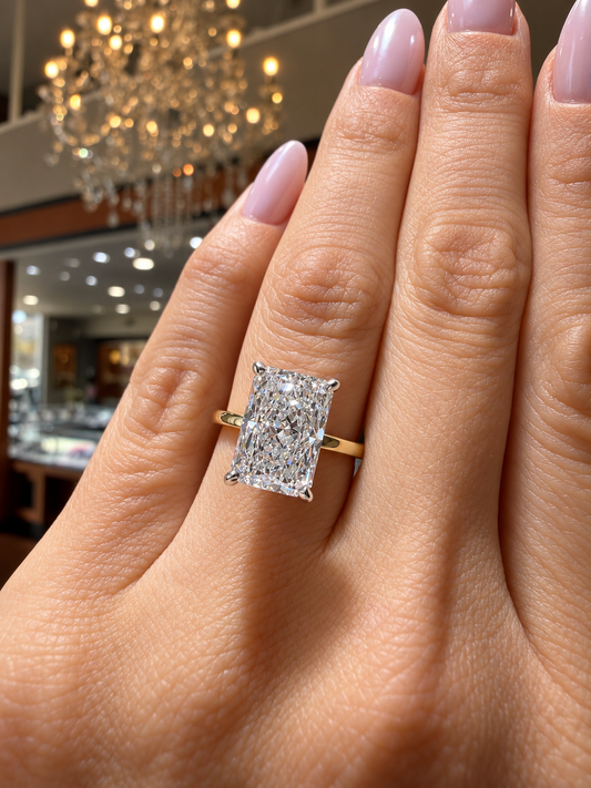 14k Yellow & White Gold Two Tone 4.00ct Lab Grown Elongated Radiant Diamond Solitaire Engagement Ring