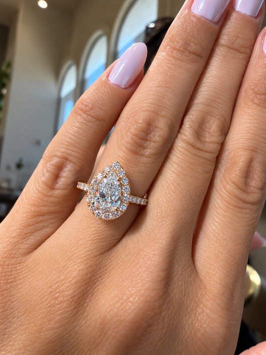 14k Rose Gold 1.10ct Lab Grown Pear Diamond Halo Engagement Ring