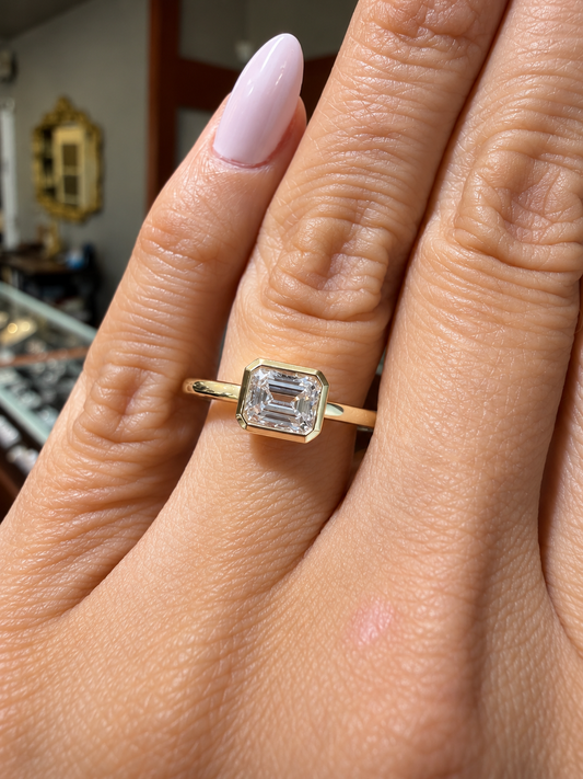 14k Yellow Gold .85ct Lab Grown Emerald Diamond Bezel Engagement Ring
