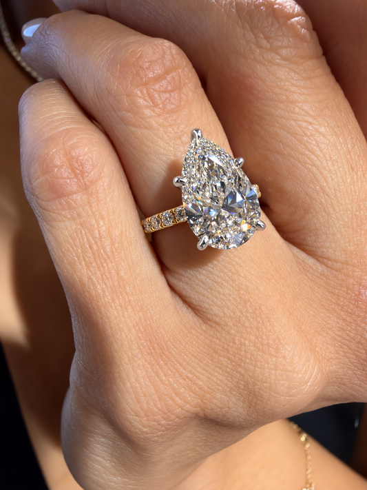 14k Yellow & White Gold Two Tone 4.50ct Lab Grown Pear Diamond Band Engagement Ring