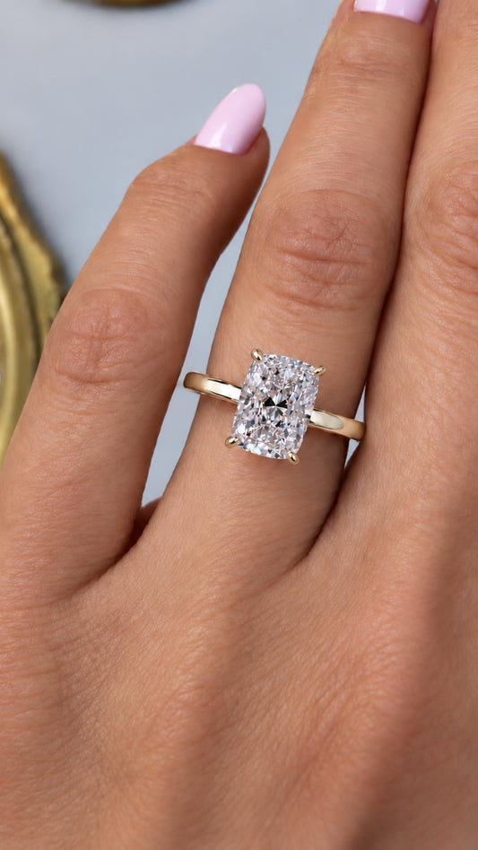 14k Yellow Gold 2.00ct Lab Grown Elongated Cushion Diamond Hidden Halo Solitaire Engagement Ring