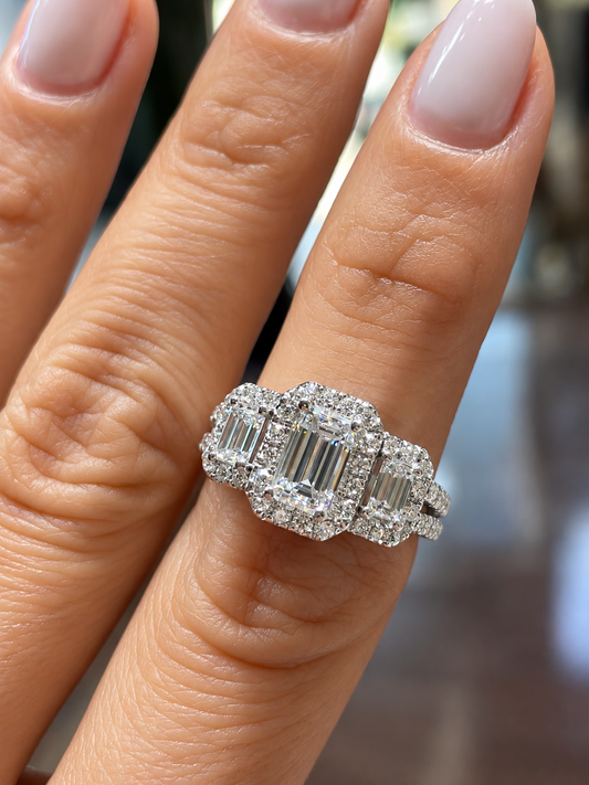 14k White Gold 2.50ctw Three Stone Lab Grown Emerald Diamond Halo Engagement Ring