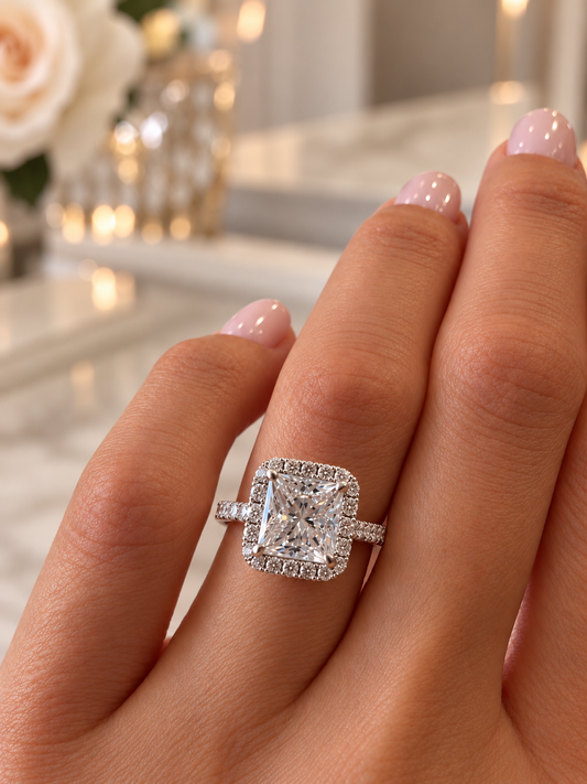18k White Gold 3.00ct Lab Grown Princess Diamond Halo Engagement Ring